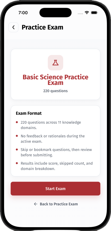 Basic Science practice exam setup with 220 questions