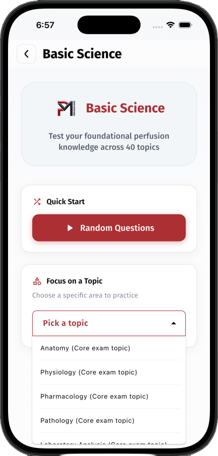 Basic Science topic screen with options for random questions or a specific topic