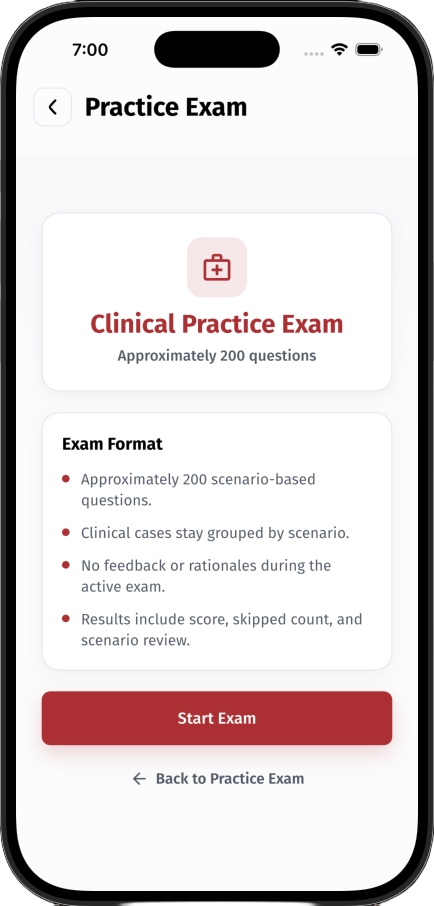 Clinical practice exam setup with scenario-based questions