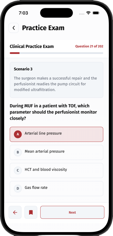 Clinical practice exam question within a perfusion scenario