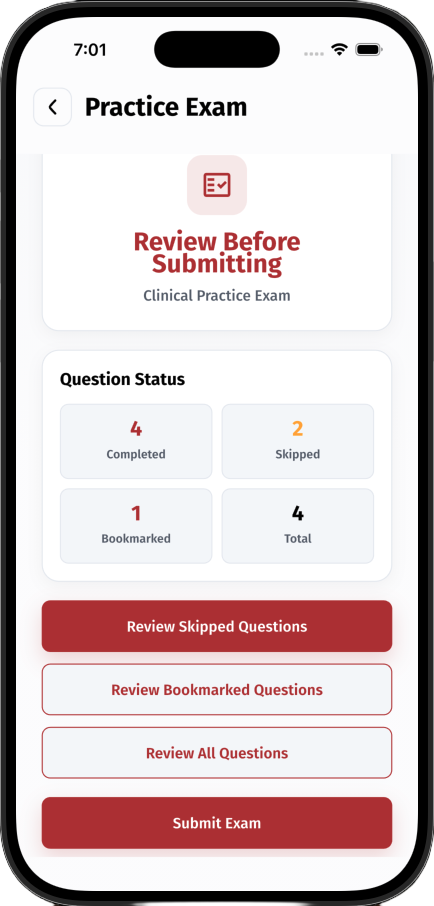 Practice exam review screen with completed, skipped, and bookmarked question counts