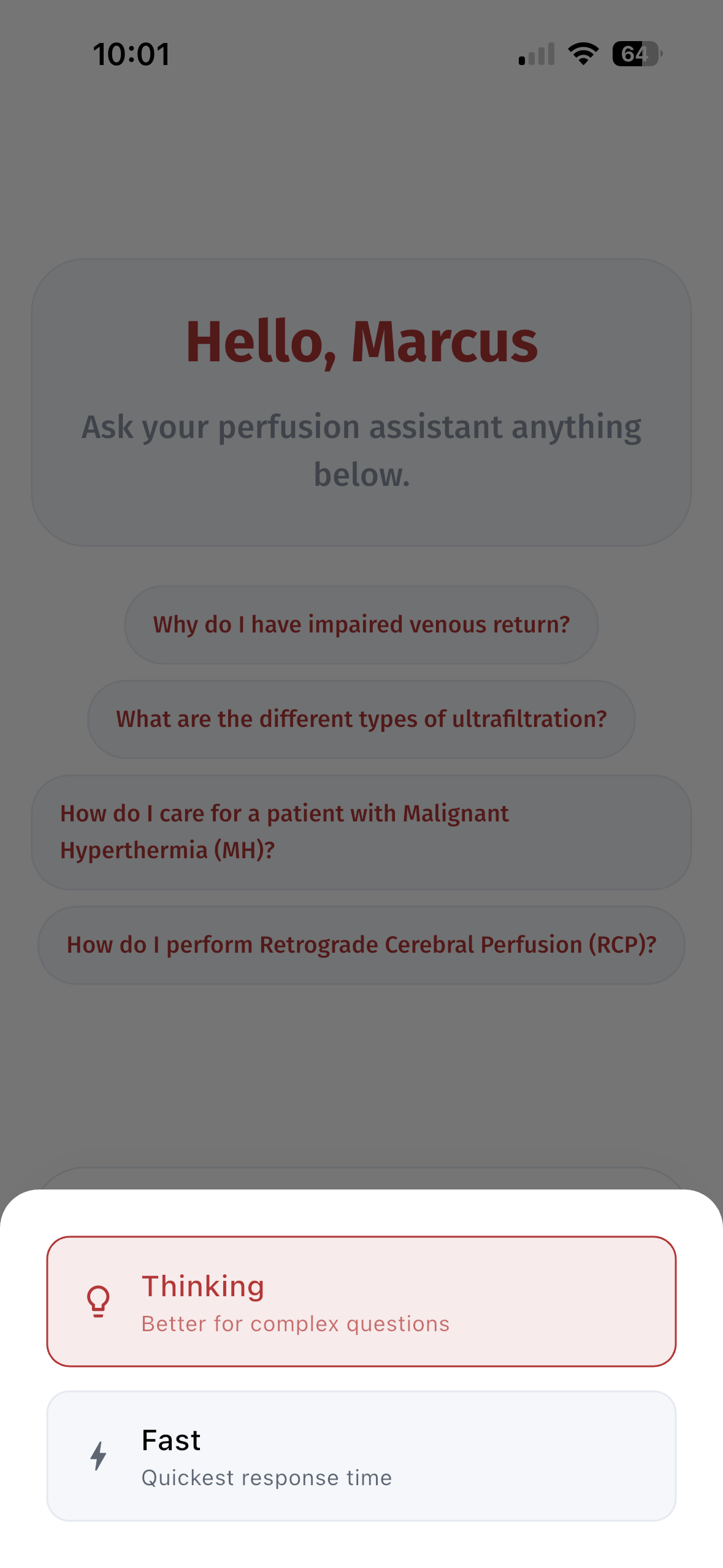 Thinking and Fast mode selector in Perfusion Mind V2.0